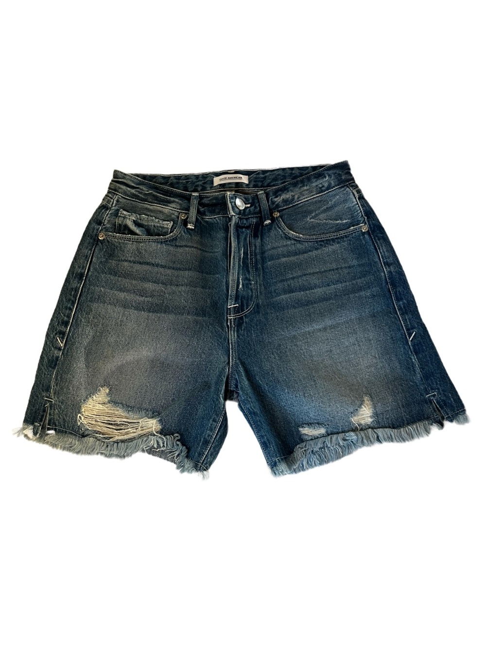 Good American Distressed Blue Denim Shorts